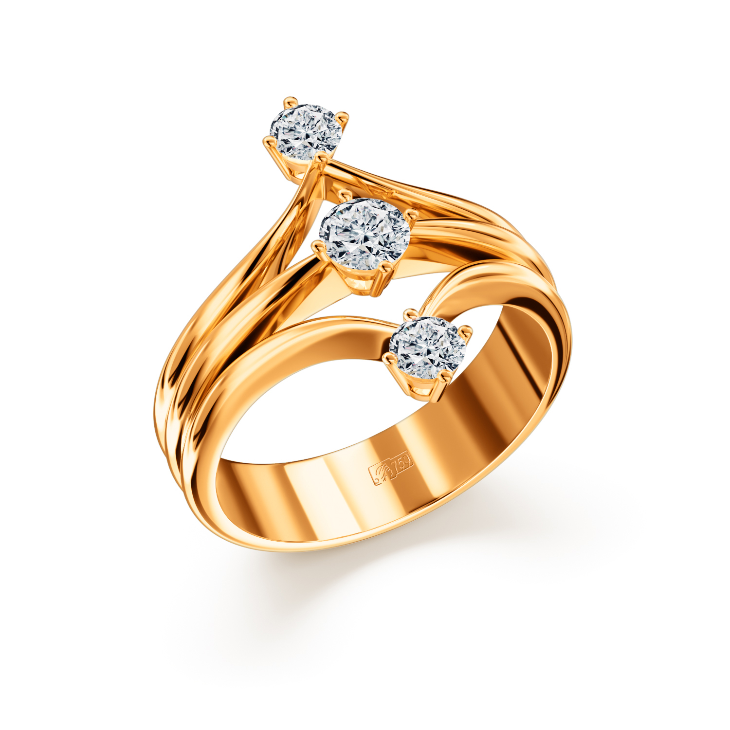 Кольцо с 3 бриллиантами желтое золото 750