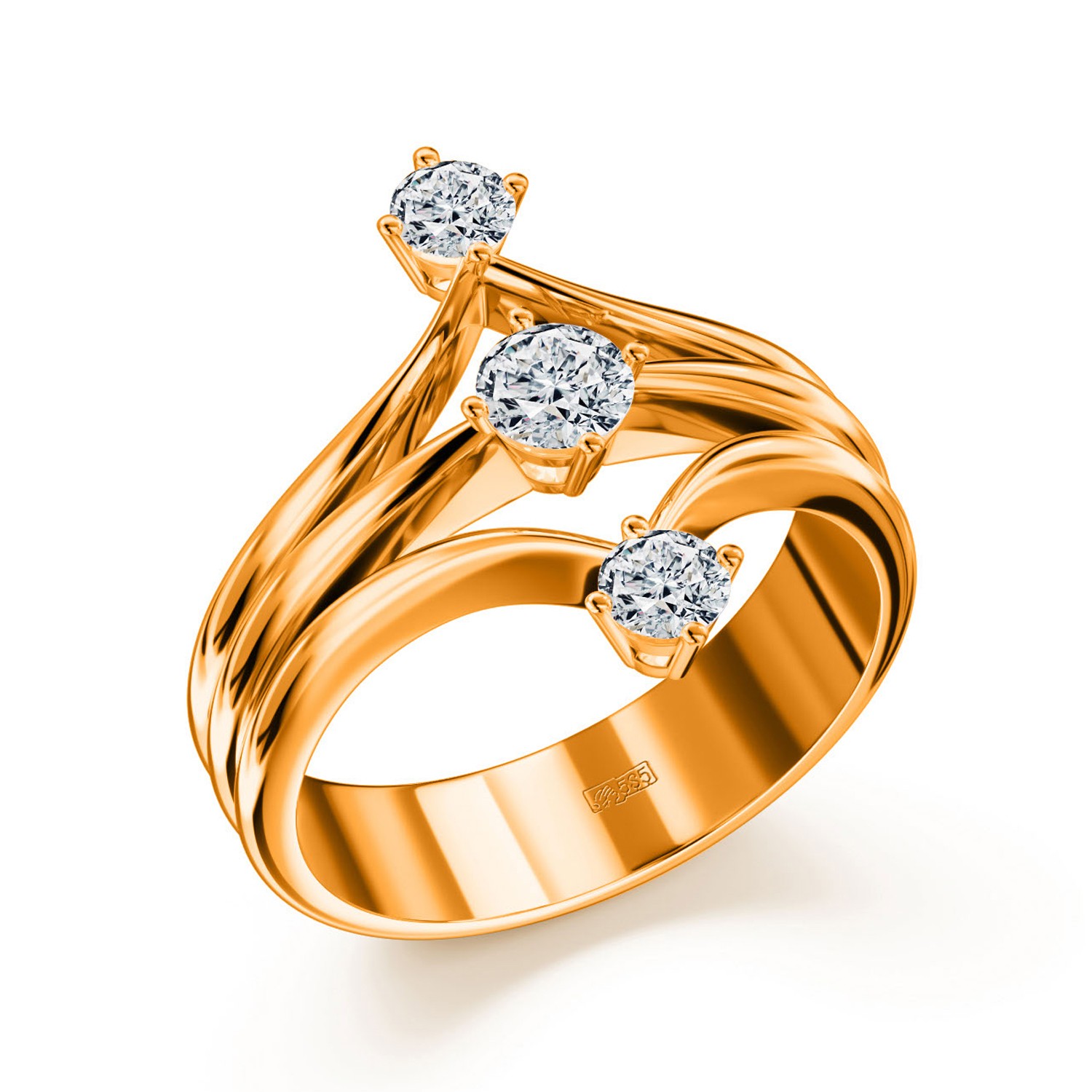 Кольцо с 3 бриллиантами желтое золото 585